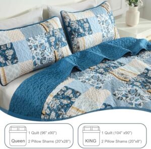 WONGS BEDDING Quilt Set King Size Blue, 3 Pieces Patchwork Plaid Bedspread Coverlet Set, Floral Soft Lightweight Microfiber Bedding Set for All Season(104"×90“) - Image 6