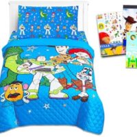 Toy Story Twin Bedding Set - Bundle with Buzz and Woody Bedspread, Flat Sheet, Fitted Sheet, and Pillowcase, Stickers, Tattoos More | Bedroom Decor
