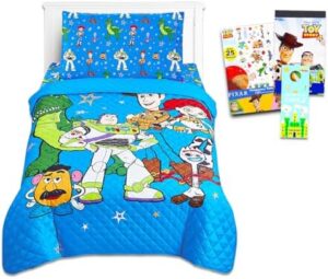Toy Story Twin Bedding Set - Bundle with Buzz and Woody Bedspread, Flat Sheet, Fitted Sheet, and Pillowcase, Stickers, Tattoos More | Bedroom Decor
