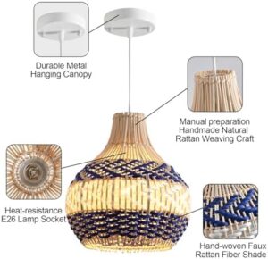 3-Pack Rattan Pendant Light Fixture 10.24" Blue White Hand-Woven Basket Fax Rattan Chandelier Boho Mini Wicker Hanging Lamp for Dining Living Bedroom Kitchen Farmhouse - Image 7