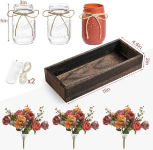 3 Pcs Mason Jar Centerpiece Table Decorations for Dining Table Decor Farmhouse Coffee Table Decor with Wood Tray and Led Light Table Centerpieces for Dining room Kitchen Living Bathroom,Orange - Image 7