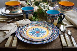 Euro Ceramica Zanzibar Collection 16 Piece Dinnerware Set Kitchen and Dining, Service for 4, Spanish Floral Design, Multicolor, Blue and Yellow - Image 10