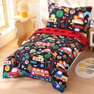 Wowelife Cars Toddler Bedding Set for Boys 4 Piece Toddler Bed Comforter Set Black Toddler Bed Kids Comforter Sets with Comforter, Flat Sheet, Fitted Sheet and Pillowcase - Image 2