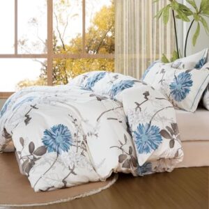 Botanical Comforter Queen Size Set-100% Cotton Fabric, Brown Branches and Blue Flowers Off-White Bedding Set, Lightweight and Soft Comforter Set, 3 Pcs(1 Comforter and 2 Pillow Shams) - Image 5