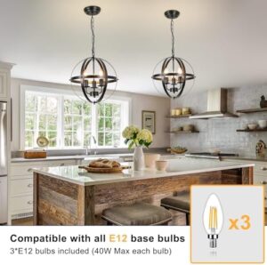 DLLT Vintage Pendant Hanging Light Fixtures, Flush Mount Ceiling Chandelier Lamp with Metal Spherical Shade for Kitchen, Dining Room, Living Room, Hallway, Entryway 3-Light, E12 Base-Matte Black - Image 3