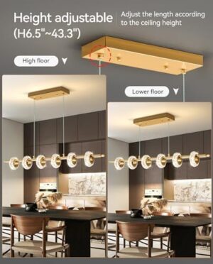 Dimmable Modern LED Chandelier with Remote Control, Crystal Dining Room Light Fixtures Over Table, 3000K-6500K Gold Linear Pendant Light for Kitchen Island - Image 2