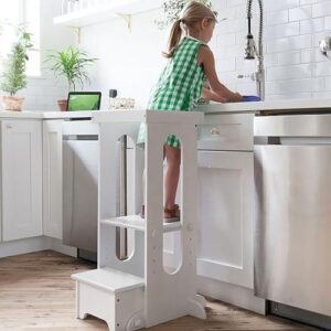 Little Partners Learning Tower Toddler Tower, Explore 'N Store Montessori Kitchen Tower for Cooking and Learning, 22.28" L x 19.56" W x 33.50" H, Ages 2 to 6 (Soft White) - Image 2