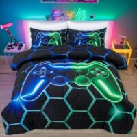 NTBED Game Console Comforter Set for Boys Girls Kids 3D Gaming Geometric Lightweight Microfiber Bedding Sets (Blue Green, Queen 5Pcs)