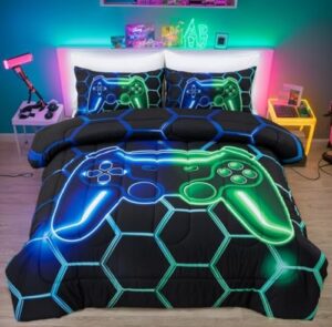 NTBED Game Console Comforter Set for Boys Girls Kids 3D Gaming Geometric Lightweight Microfiber Bedding Sets (Blue Green, Queen 5Pcs)