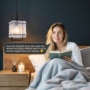 Black Glass Island Light for Kitchen, Modern Ceiling Hanging1-Light Pendant Lighting Fixture for Kitchen Dining Room Bedroom Hallway, Height Adjustable Water Ripple Glass E26 Square - Image 4