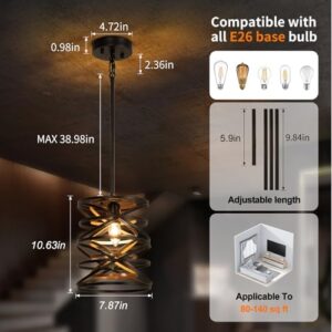 Farmhouse Pendant Light: Industrial Pendant Lights Kitchen Island - Small Rustic Metal Cage Drum Chandelier for Dining Room Over Table Lighting - Black with Retro Wood Texture E26 Base - Image 3