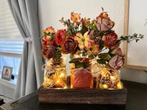 3 Pcs Mason Jar Centerpiece Table Decorations for Dining Table Decor Farmhouse Coffee Table Decor with Wood Tray and Led Light Table Centerpieces for Dining room Kitchen Living Bathroom,Orange - Image 5