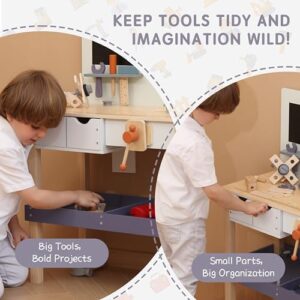 Wooden Kids Tool Bench with Electric Drill, Toddler Tool Bench with Storage Drawers and Platform, Toy Workbench Workshop with Play Tools Set for Boys and Girls, Perfect for Ages 3+ - Image 4
