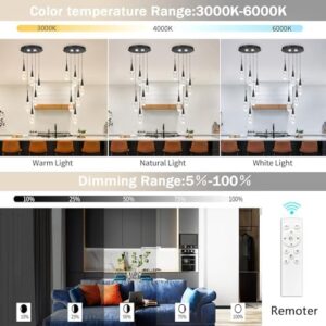 6-Lights Adjustable Pendant Lights for Kitchen Island LED Dimmable Light Fixture Modern Glam Crystal Hanging Lighting for Dining Room Bedroom Black - Image 7