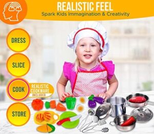 FUNERICA Toddler Kitchen Accessories Playset with Cutting Food Vegetables and Stainless-Steel Play Pots - Pretend Kids Cooking Utensils - Apron & Chef Hat - Toy Knife & Cutting Board for Girls & Boys - Image 8
