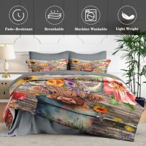 7 Pcs Full Size Comforter Set with 2 Pillowcases & 2 Shams, Highland Cow Flower Bedding for Kids and Adults, Happy Cute Cartoon Bed in a Bag with Flat Fitted Sheet - Image 4