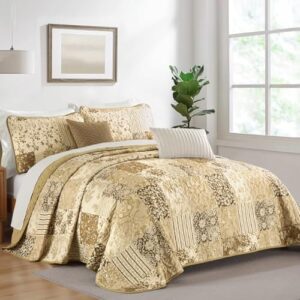 Patchwork Quilt Set King Size, Brown Plaid Reversible Bedspread Coverlet Set 3 Pieces for All Season, Soft Microfiber Bedding Set 104"x90" - Image 2