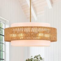 23.6" Rattan Chandelier with Linen Farmhouse Vintage Boho Hand Woven Bamboo Chandelier Light Fixture Modern Drum Wicker Rattan Gold Chandelier for Dining Room, Kitchen, Living Room
