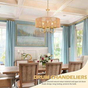 Gold 5-Light Rattan Light Fixture 19.7" Rattan Pendant Lights Boho Chandelier Wicker Chandelier Woven Pendant Light Drum Chandelier with Hand Woven Wicker Shade for Dining Room Kitchen Island - Image 5