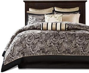 Madison Park Aubrey Cozy Comforter Set, Faux Silk Jacquard Paisley Design - All Season Down Alternative Bedding with Cotton Bed Sheets, Bed Skirt & Toss Pillows, Queen Black 12 Piece - Image 9