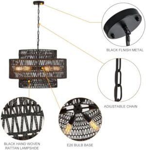 Hand-Woven Rattan Chandelier Vintage 6-Light Farmhouse Boho Bamboo Chandelier Light Fixture 23.6" Retro 3-Tier Drum Wicker Rattan Black Chandelier for Dining Room, Kitchen Island, Living Room - Image 4