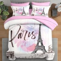 Comforter Set Queen Size, Eiffel Tower Paris Vintage 7 Pcs Bedding for Kids and Adults, City French Watercolor Bed Sheet Sets with Fitted Sheet 2 Pillowcase & 2 Sham for Bedroom Bed Decor