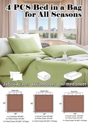 MorroMorn Green Comforter Set Queen Size, 4 Pieces All Season Bedding Sets, Soft Bed Set with 1 Down Alternative Duvet Insert 90×90 Inches, 2 Pillow Cases & 1 Fitted Sheet (Queen, Avocado Green) - Image 5