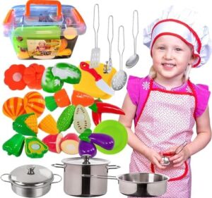 FUNERICA Toddler Kitchen Accessories Playset with Cutting Food Vegetables and Stainless-Steel Play Pots - Pretend Kids Cooking Utensils - Apron & Chef Hat - Toy Knife & Cutting Board for Girls & Boys