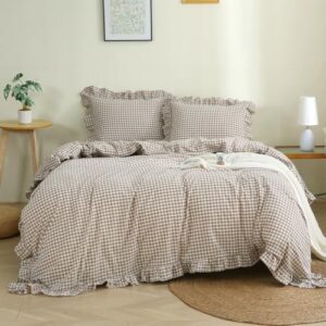 Taupe/White Plaid Ruffle Duvet Cover King Size,100% Washed Cotton 3 Pcs Vintage Checkered Chic Gingham Bedding Set Comforter Cover Set