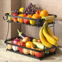 2 Tier Fruit Basket for Kitchen with 2 Banana Hangers, Detachable Metal Fruit Bowl for Kitchen Counter for Fruit and Vegetable Storage, Large Capacity Tiered Fruit Tray