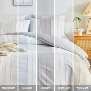 WARMDERN Light Grey Striped Weave Duvet Cover King Size, White Knit Boho Duvet Cover Set, Microfiber Textured Bedding Set with Zipper Closure and Corner Ties (Light Grey, King) - Image 8