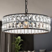 16” 4-Light Modern Crystal Chandeliers Black Dinning Room Light Fixture, Round Pendant Light Kitchen Island Chandelier, Flush Mount Ceiling Light for Living Room Entryway Bedroom Foyer