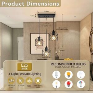 3-Light Hanging Pendant Light Fixtures, Farmhouse Kitchen Island Light Fixture, Industrial Hanging Pendant Lighting for Dining Room Bedroom Hallway, Black Metal Cage Pendant Lamp, E26 Base - Image 5