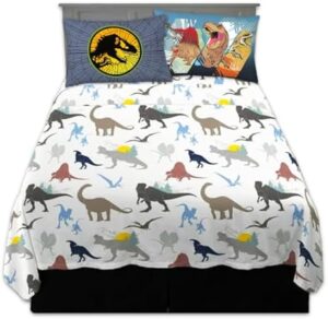 Jurassic World Bedding Set Full Size Bed - Bundle with Dinosaur Flat Sheet, Fitted Sheet, and Pillowcases for Full Bed Plus Stickers, More | Jurassic World Bedding for Boys - Image 2