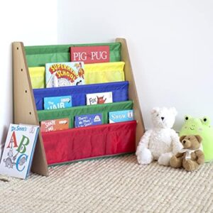 Humble Crew 4-Tier Kids Bookshelf, Natural Wood/Primary - Premium Book Shelf for Kids Rooms with Four Deep Pockets - Toddler Sling Book Rack with Deep Sleeves, Nursery Bookcase Organizer - Image 2