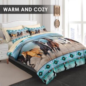 5 Pcs Twin Size Comforter Set with Pillowcase & Sham, Horses Desert Animal Bedding for Kids and Adults, Tribal Farm Sunset Run Bed in a Bag with Flat Fitted Sheet - Image 3