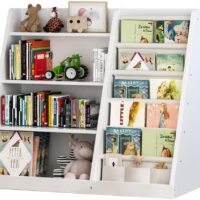 Kids Bookshelf and Toy Storage Organizer, 4 Tier Wooden Kids Book Shelf with Sling Book Rack in Kids Room Playroom Nursery for Kids, Children, Toddlers, White