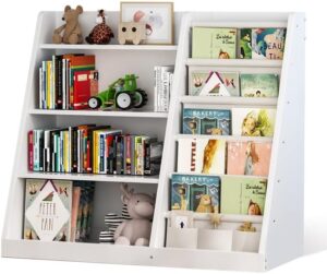 Kids Bookshelf and Toy Storage Organizer, 4 Tier Wooden Kids Book Shelf with Sling Book Rack in Kids Room Playroom Nursery for Kids, Children, Toddlers, White