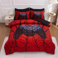 NTBED Game Console Comforter Set for Boys Girls Kids Spider Web Gaming Lightweight Microfiber Gamer Bedding Sets (Red, Twin 5Pcs)