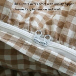 Taupe/White Plaid Ruffle Duvet Cover King Size,100% Washed Cotton 3 Pcs Vintage Checkered Chic Gingham Bedding Set Comforter Cover Set - Image 4
