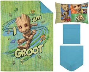 Marvel Guardians of The Galaxy I Am Groot Green and Blue 4 Piece Toddler Bed Set - Comforter, Fitted Bottom Sheet, Flat Top Sheet, and Reversible Pillowcase - Image 8