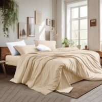 Beige Duvet Cover Set Queen Size 100% Egyptian Cotton 3Pcs Home Bedding Set- 1 Duvet Cover with 2 Pillowshams, 400 Thread Count Super Soft Comforter Cover with Corner Ties(90x90 Inches, Beige)
