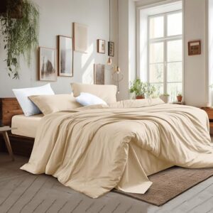 Beige Duvet Cover Set Queen Size 100% Egyptian Cotton 3Pcs Home Bedding Set- 1 Duvet Cover with 2 Pillowshams, 400 Thread Count Super Soft Comforter Cover with Corner Ties(90x90 Inches, Beige)