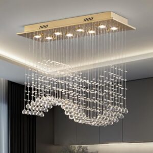 Siljoy Modern Crystal Chandelier Gold Rectangular Wave Raindrop Chandelier 8 Lights Rectangle Flush Mount Ceiling Light Pendant Light Fixture for Dining Room Living Room Kitchen Island L31.5''