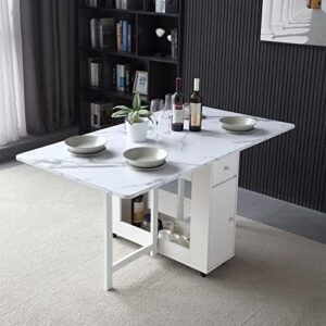 Folding Dining Table with Rack and 2 Storage Drawers, Movable Extendable Space Saving Kitchen Table in 3 Forms (White) - Image 2