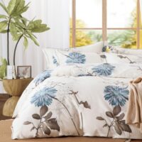 Botanical Comforter Queen Size Set-100% Cotton Fabric, Brown Branches and Blue Flowers Off-White Bedding Set, Lightweight and Soft Comforter Set, 3 Pcs(1 Comforter and 2 Pillow Shams)