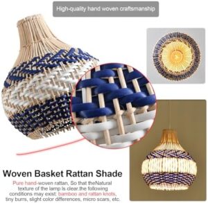 3-Pack Rattan Pendant Light Fixture 10.24" Blue White Hand-Woven Basket Fax Rattan Chandelier Boho Mini Wicker Hanging Lamp for Dining Living Bedroom Kitchen Farmhouse - Image 3
