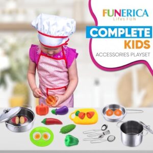 FUNERICA Toddler Kitchen Accessories Playset with Cutting Food Vegetables and Stainless-Steel Play Pots - Pretend Kids Cooking Utensils - Apron & Chef Hat - Toy Knife & Cutting Board for Girls & Boys - Image 6