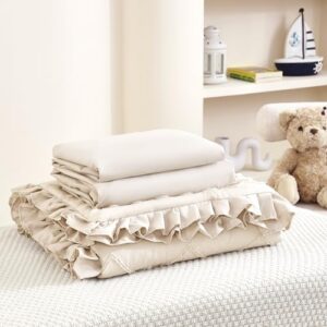 3-Piece Tufted Ruffle Crib Bedding Set for Girls - Ultra Soft Baby Bedding Set Includes Boho Crib Comforter, Sheet & Skirt (Beige) - Image 4