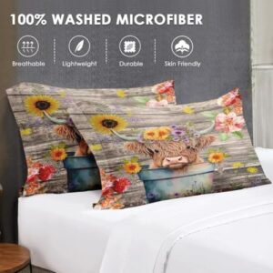 7 Pcs Full Size Comforter Set with 2 Pillowcases & 2 Shams, Highland Cow Flower Bedding for Kids and Adults, Happy Cute Cartoon Bed in a Bag with Flat Fitted Sheet - Image 7